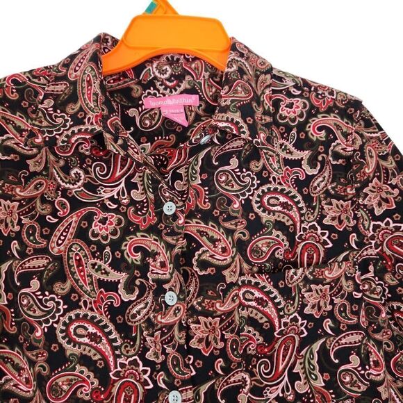 Woman Within Button Up Shirt Medium Brown Paisley Long Sleeve Soft - Picture 7 of 11